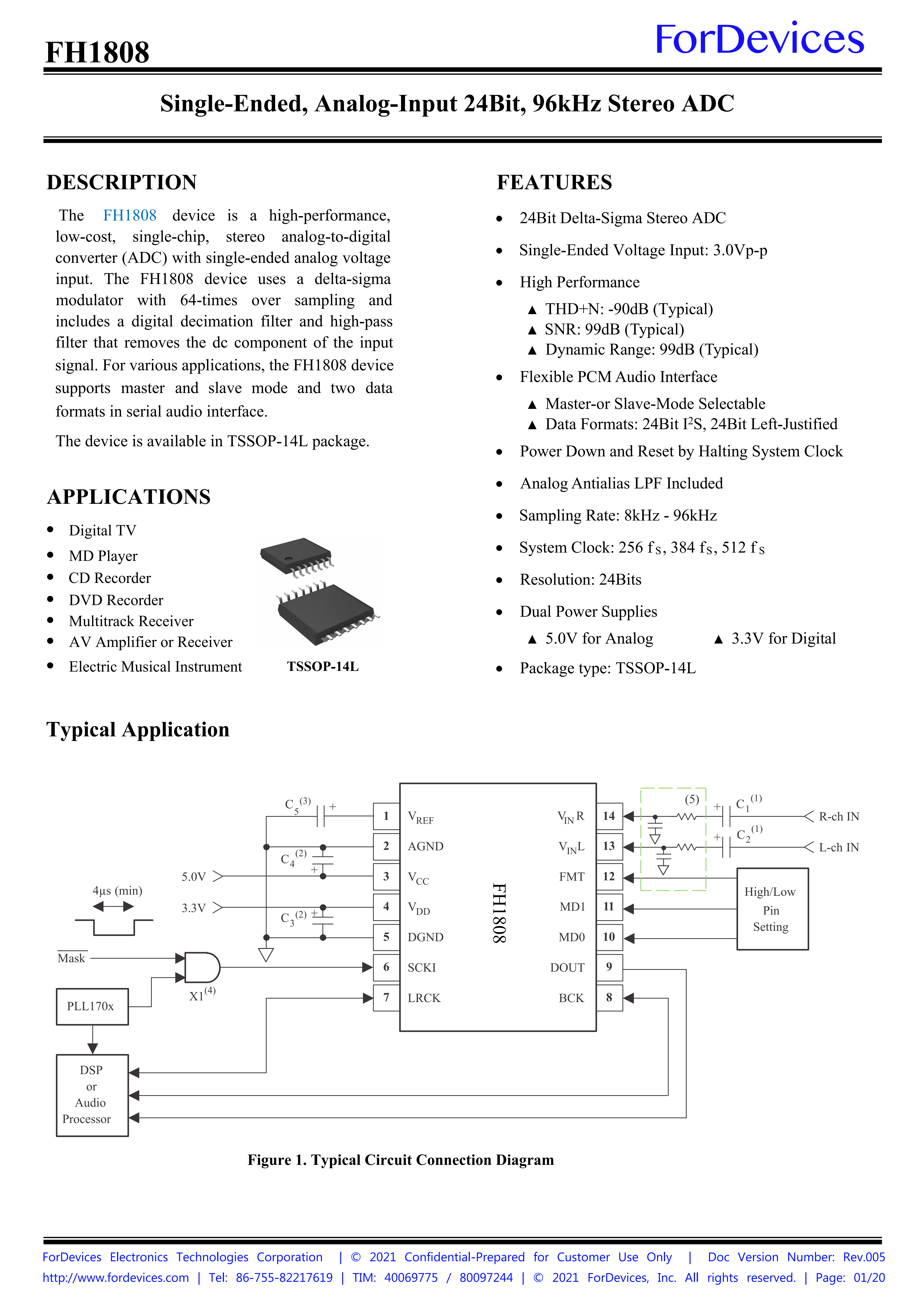 FH1808｜具有单端输入的99dB SNR立体声ADC